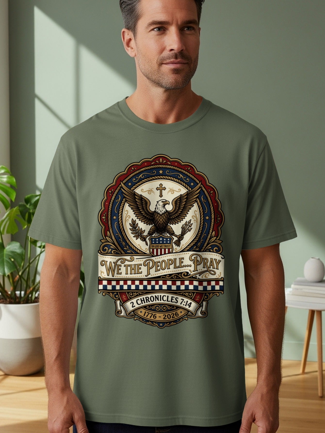 T-shirt with eagle emblem, "We the People Pray," and Bible verse.