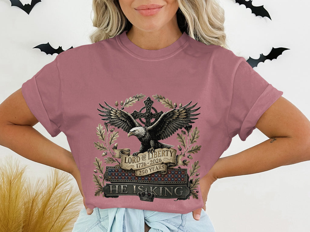 T-shirt with eagle, banner "Lord of Liberty 250 Years," and crossed olive branches.