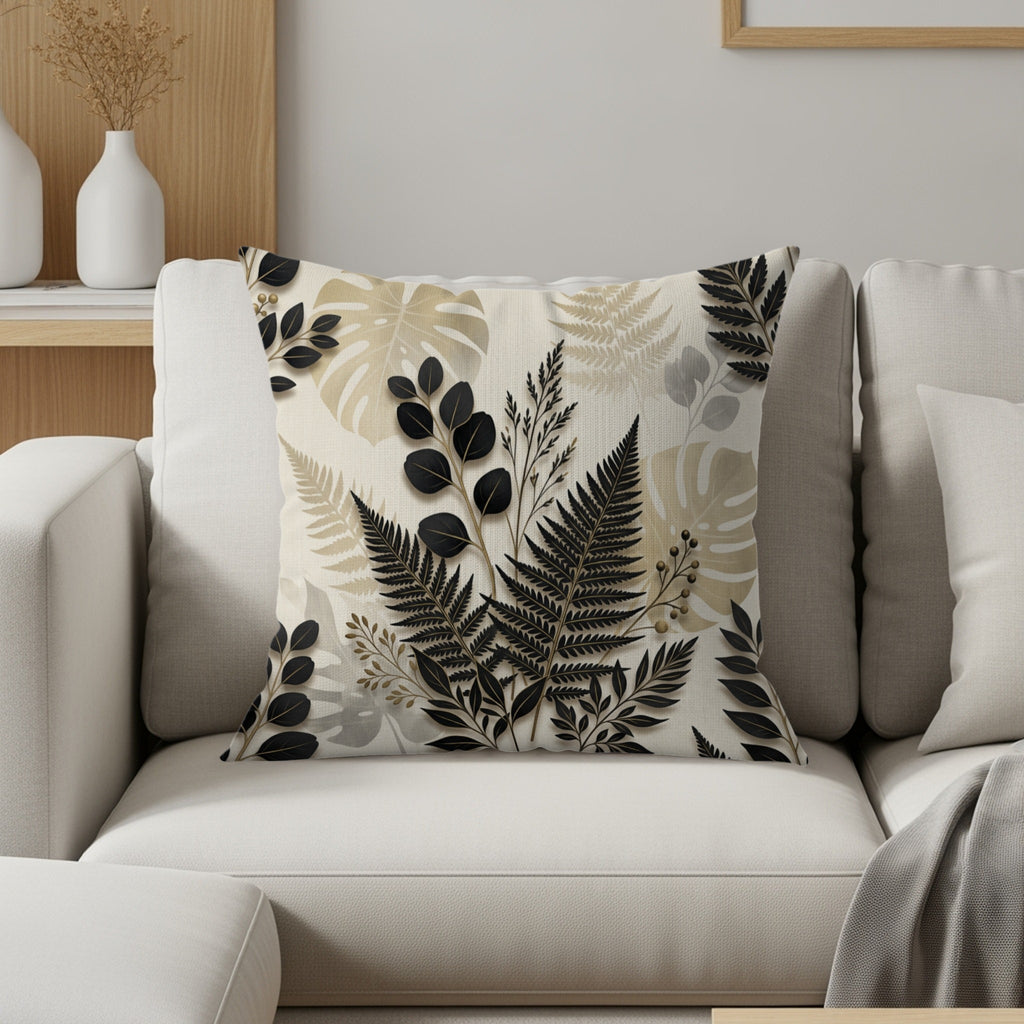 Cream throw pillow with black and gold botanical fern and leaf pattern.