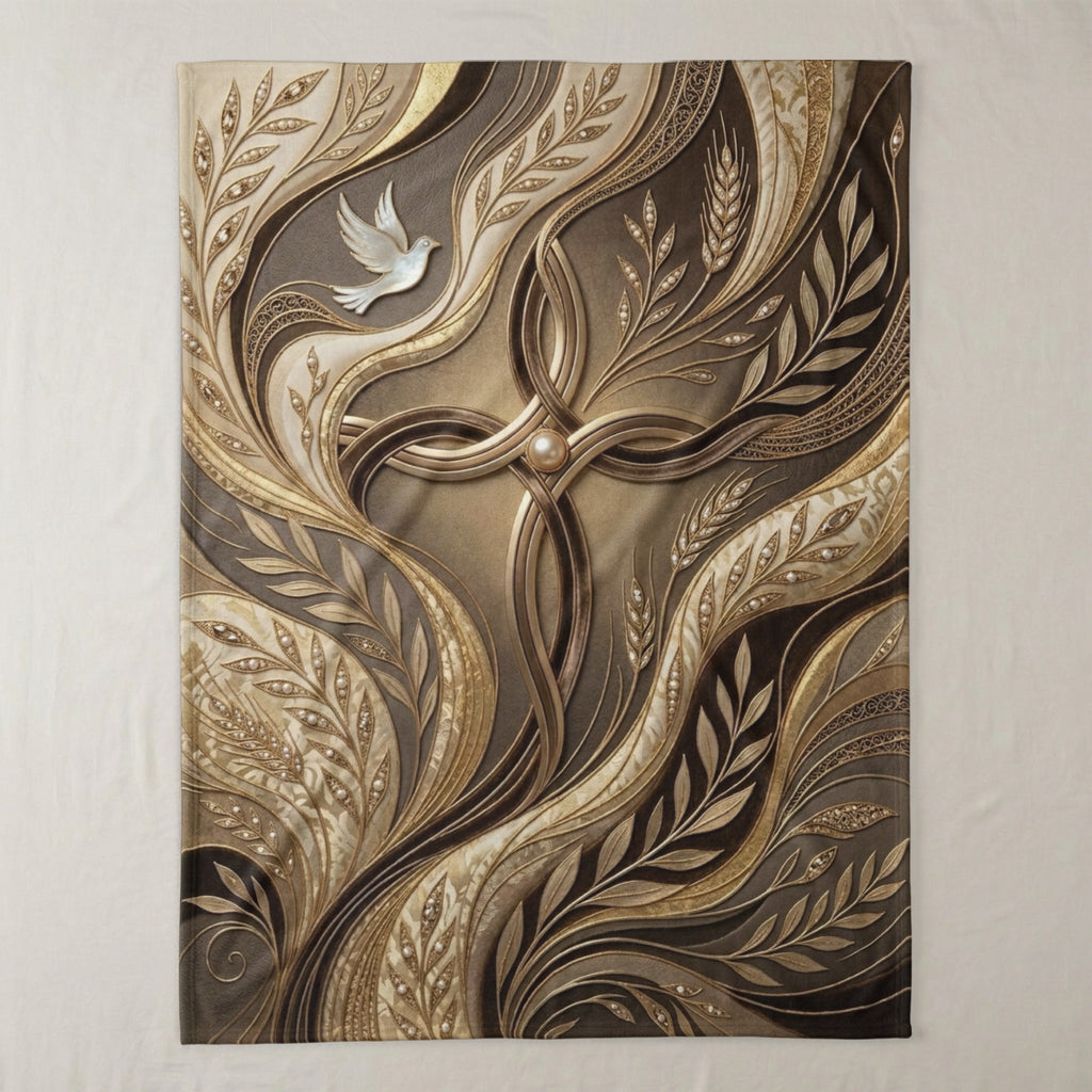 Ornate cross with dove and pearl, rendered in flowing gold and brown organic design.