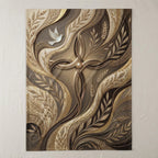 Ornate cross with dove and pearl, rendered in flowing gold and brown organic design.