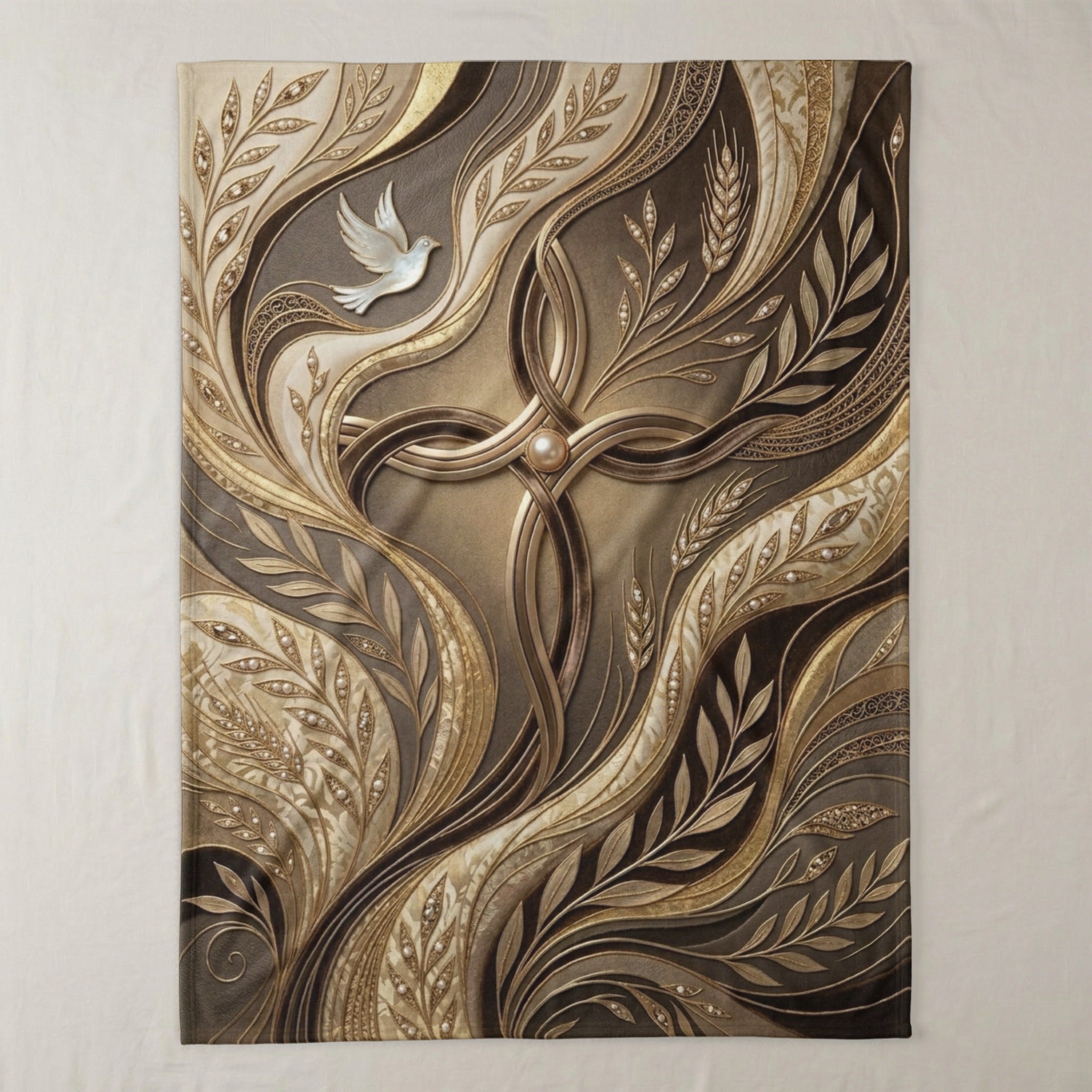 Ornate cross with dove and pearl, rendered in flowing gold and brown organic design.