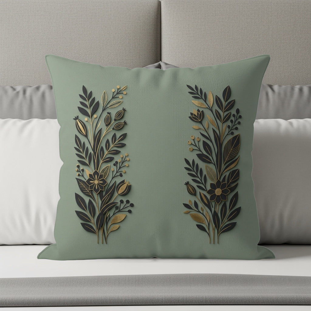 Sage green throw pillow with gold and black floral designs.