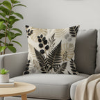 Throw pillow with a black and beige botanical leaf pattern on a sofa.