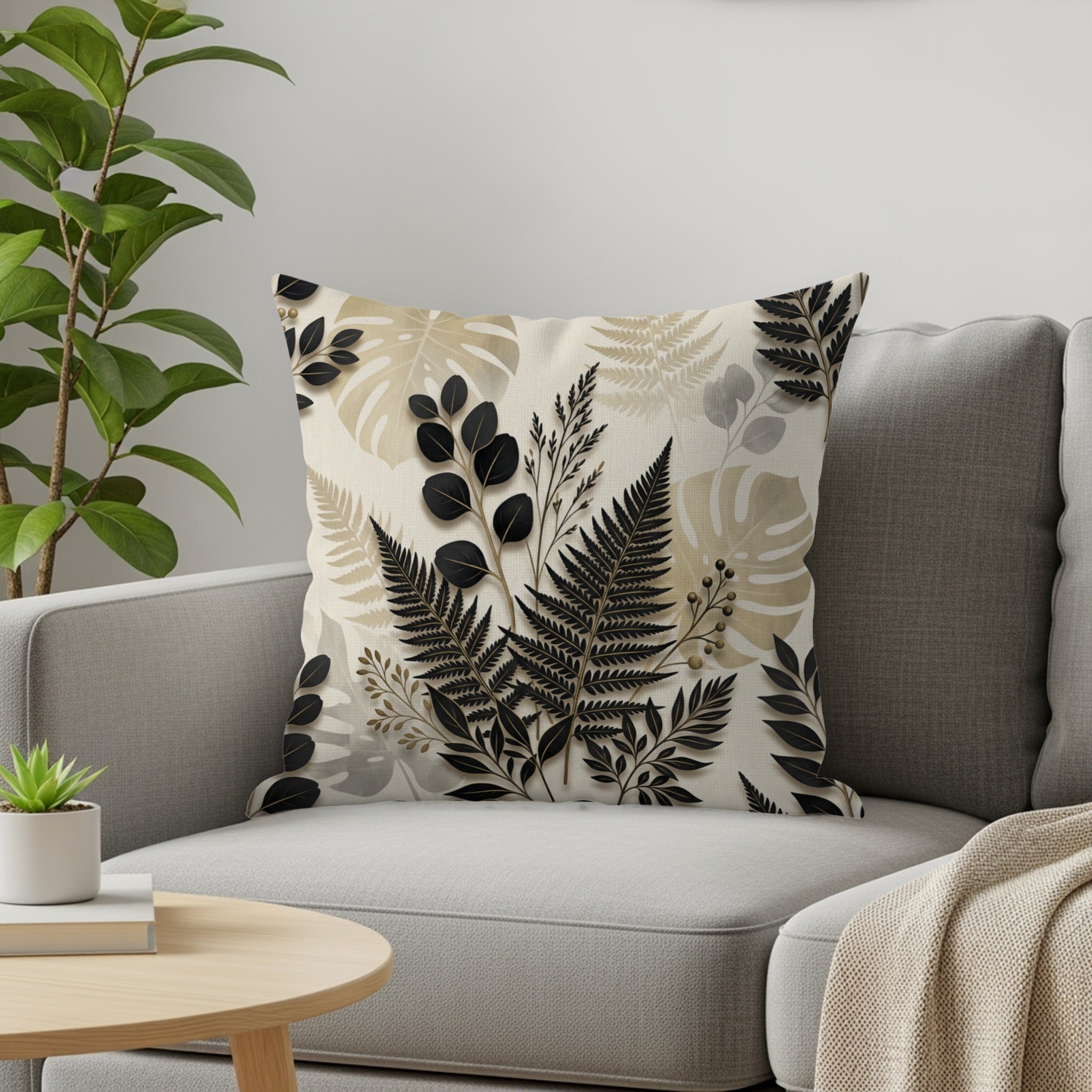 Throw pillow with a black and beige botanical leaf pattern on a sofa.