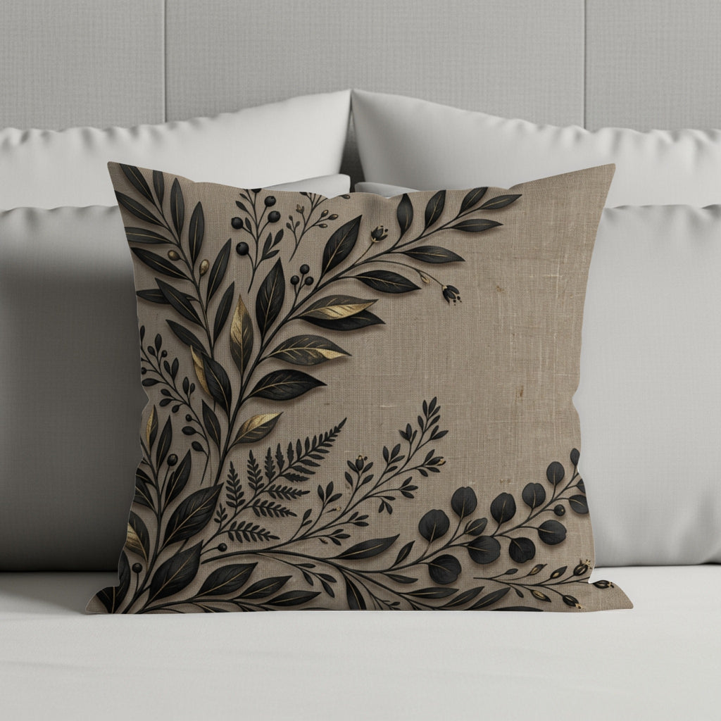 Square linen pillow with dark botanical design on a sofa.