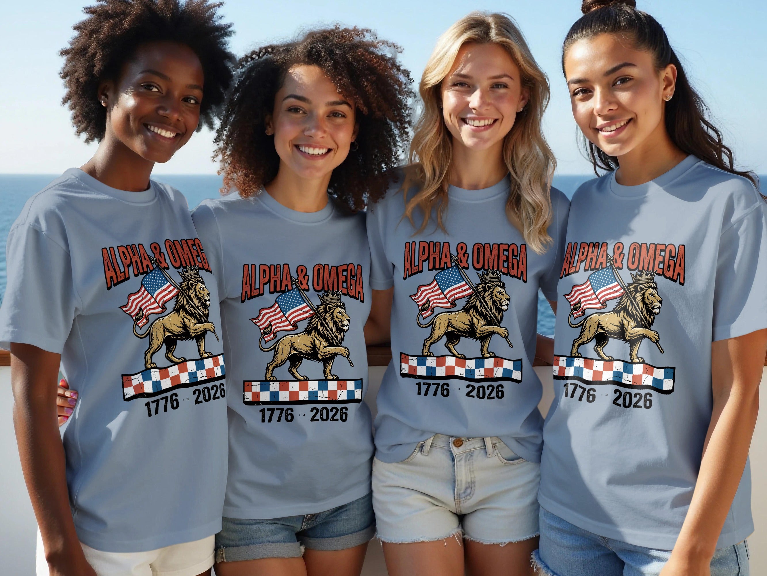 Four women wear matching t-shirts with "Alpha & Omega" and lions with flags.