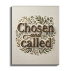 "Chosen and Called" text framed by metallic leaves on textured canvas.