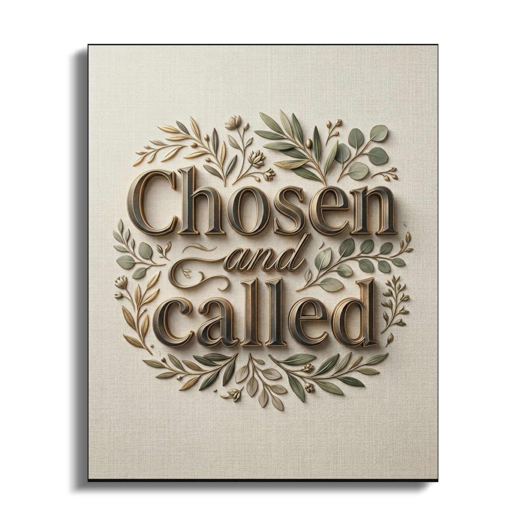 "Chosen and Called" text framed by metallic leaves on textured canvas.