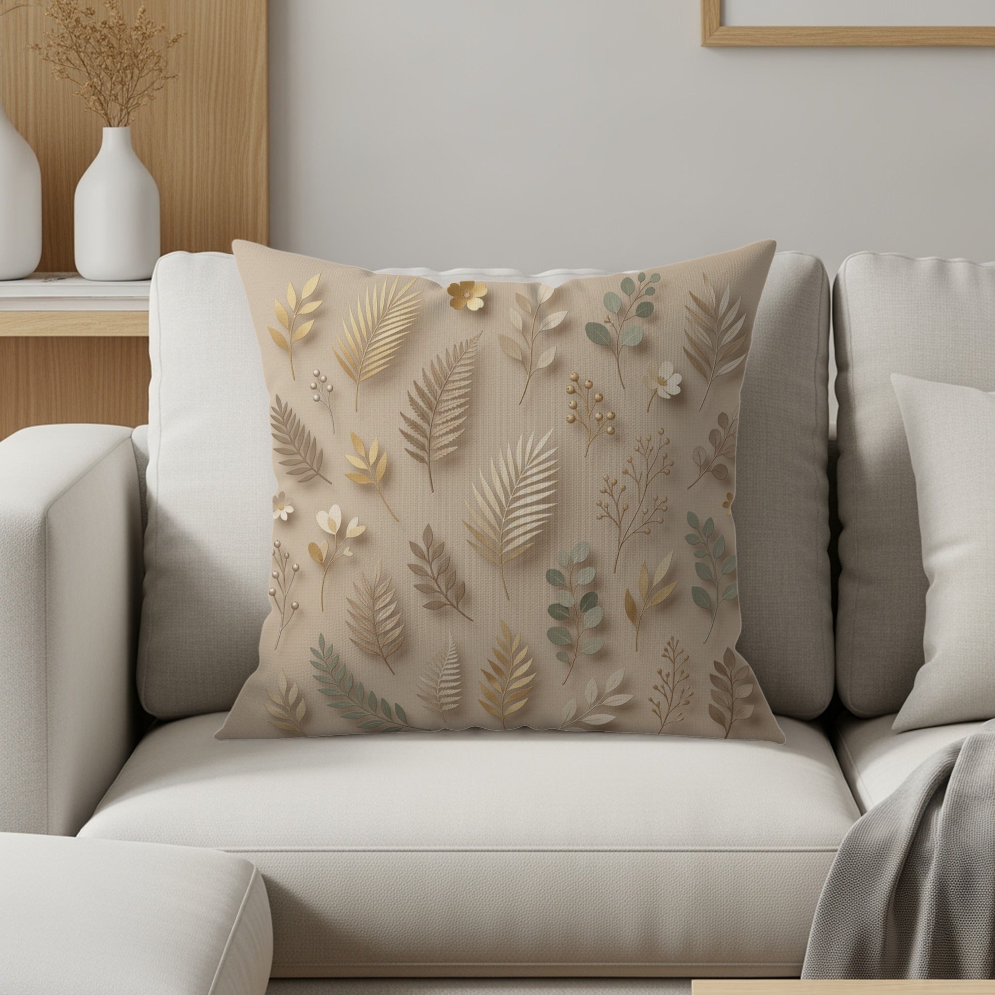 Beige throw pillow with repeating pattern of muted gold and sage green botanical illustrations.