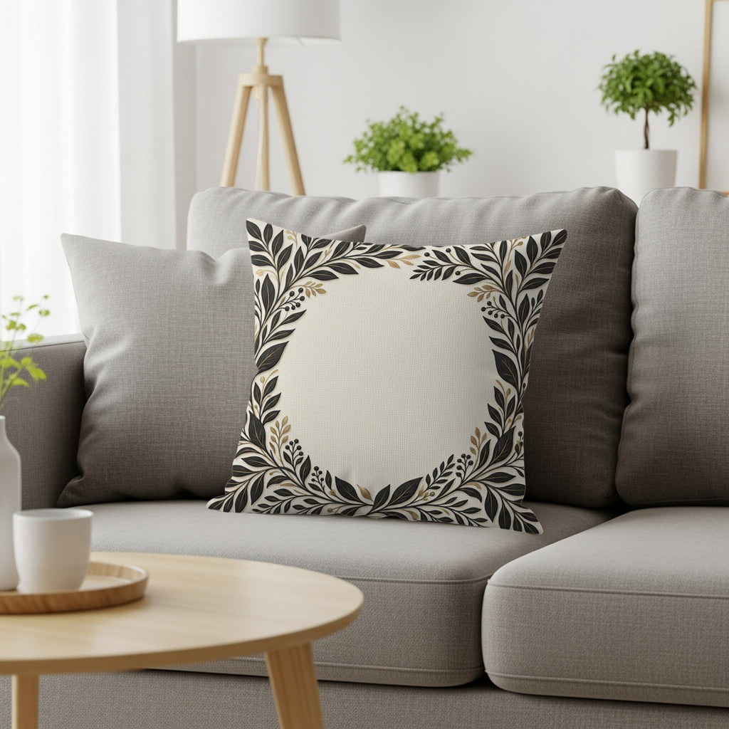 Cream pillow with black and gold leaf wreath pattern on gray sofa.