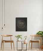 Square canvas art with "God Is Within Her" and a laurel wreath.