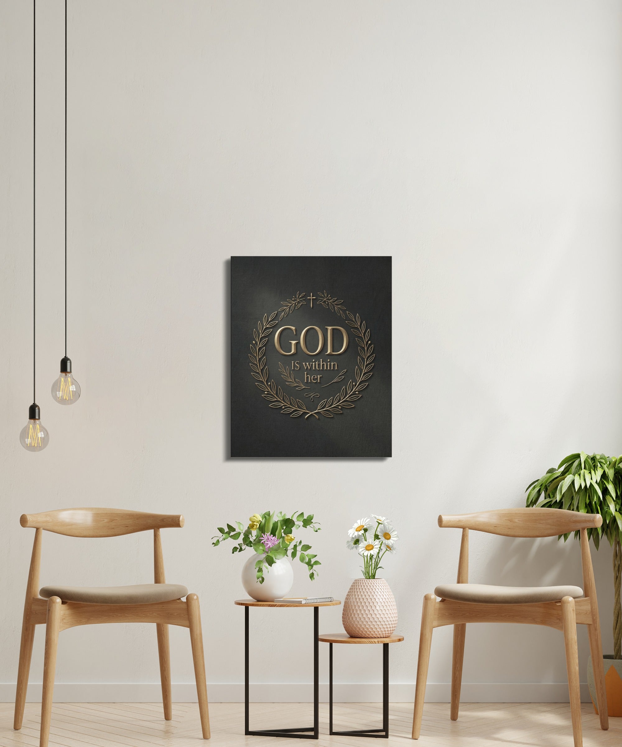 Square canvas art with "God Is Within Her" and a laurel wreath.