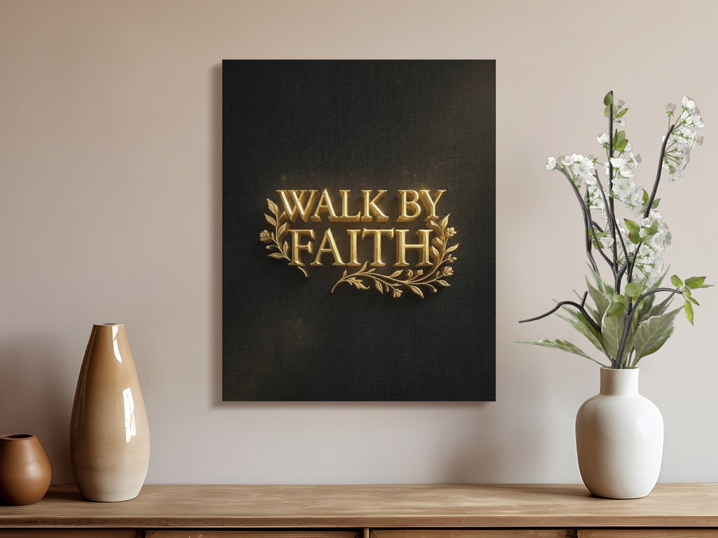 Black canvas art with "WALK BY FAITH" in gold lettering.