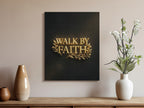 Black canvas art with "WALK BY FAITH" in gold lettering.