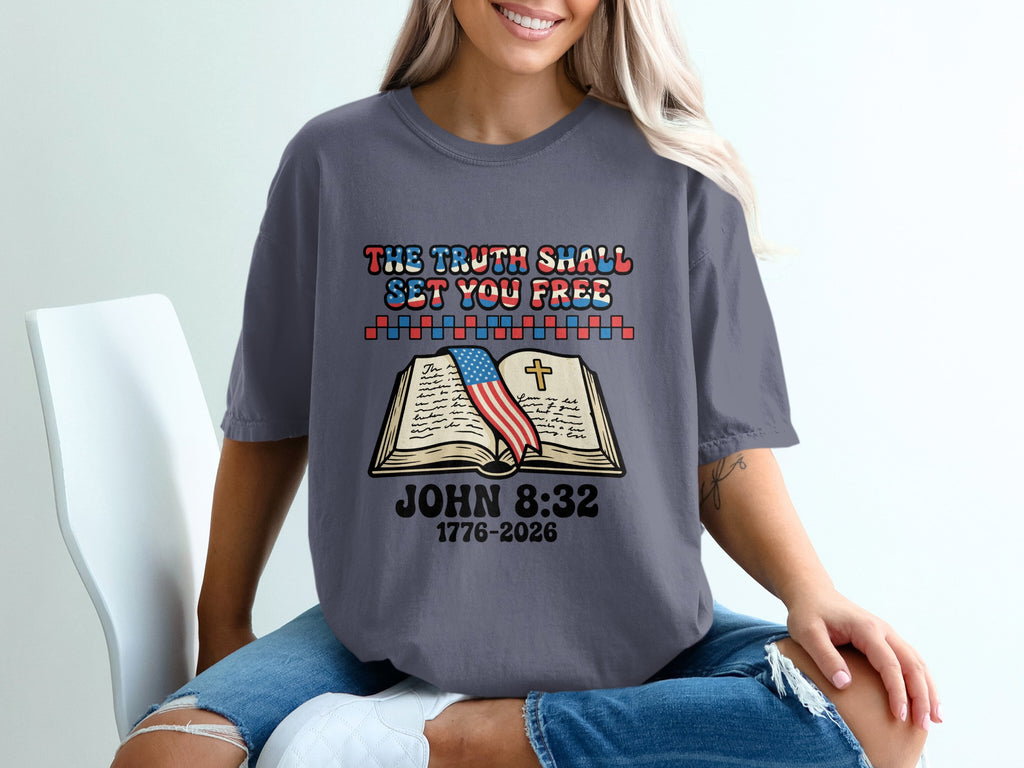 Gray t-shirt with "The Truth Shall Set You Free" and John 8:32.