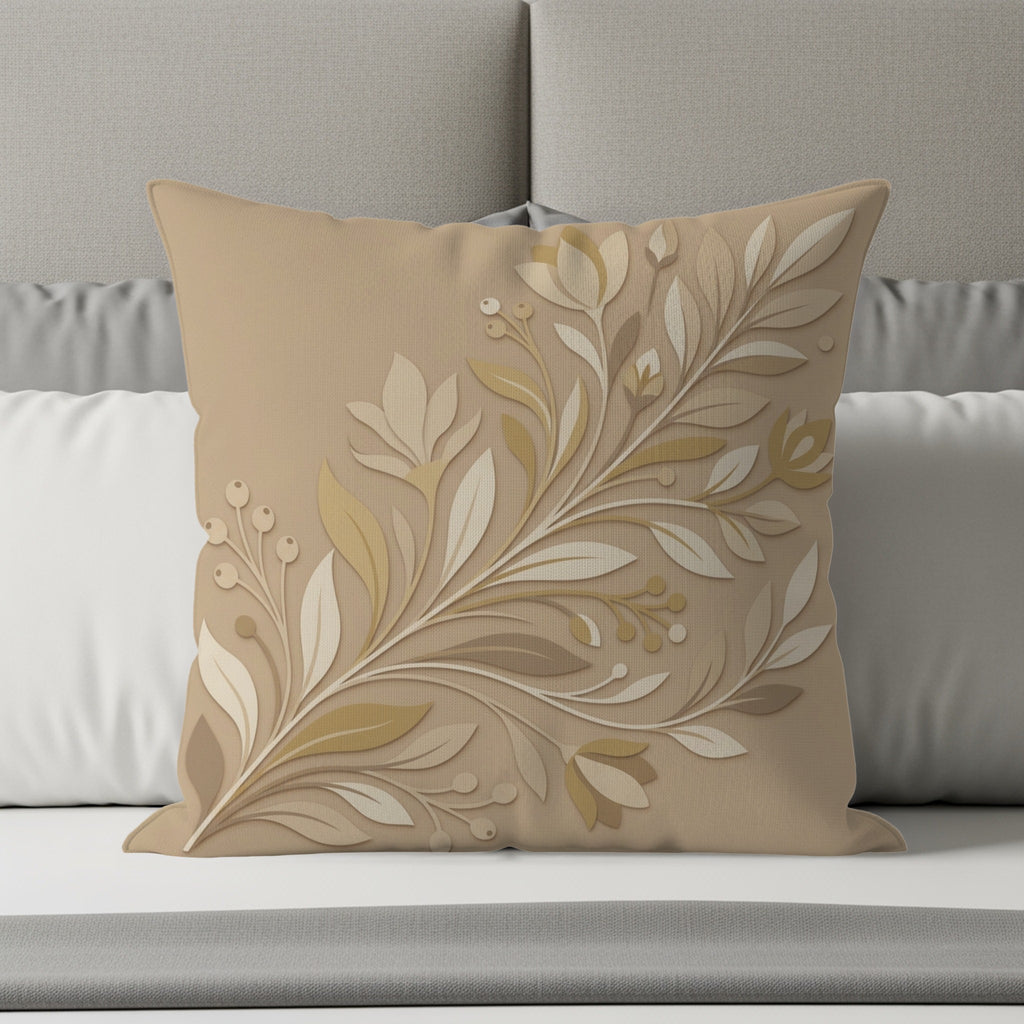 Tan decorative throw pillow with embossed floral vine design on a bed.