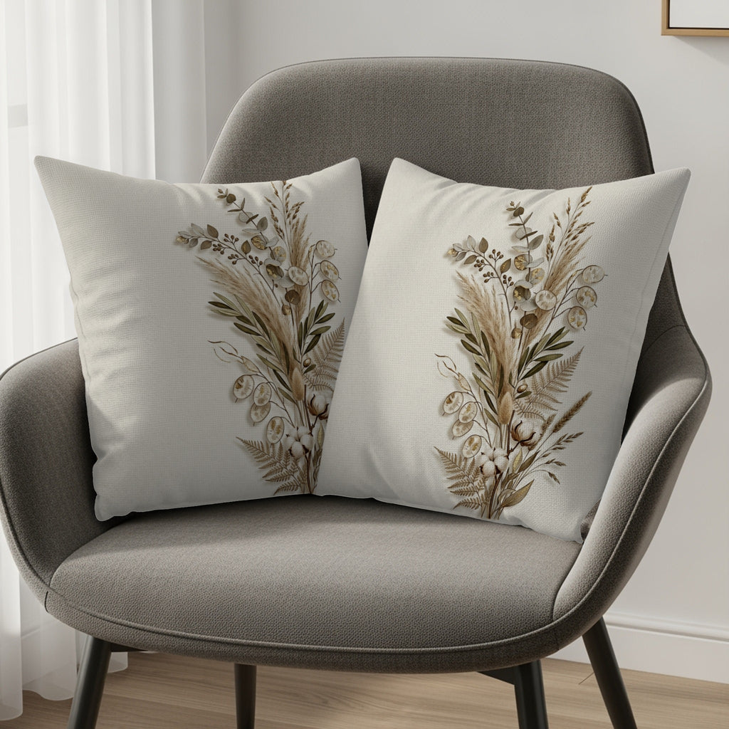 Two cream throw pillows with dried floral and botanical prints on a gray armchair.