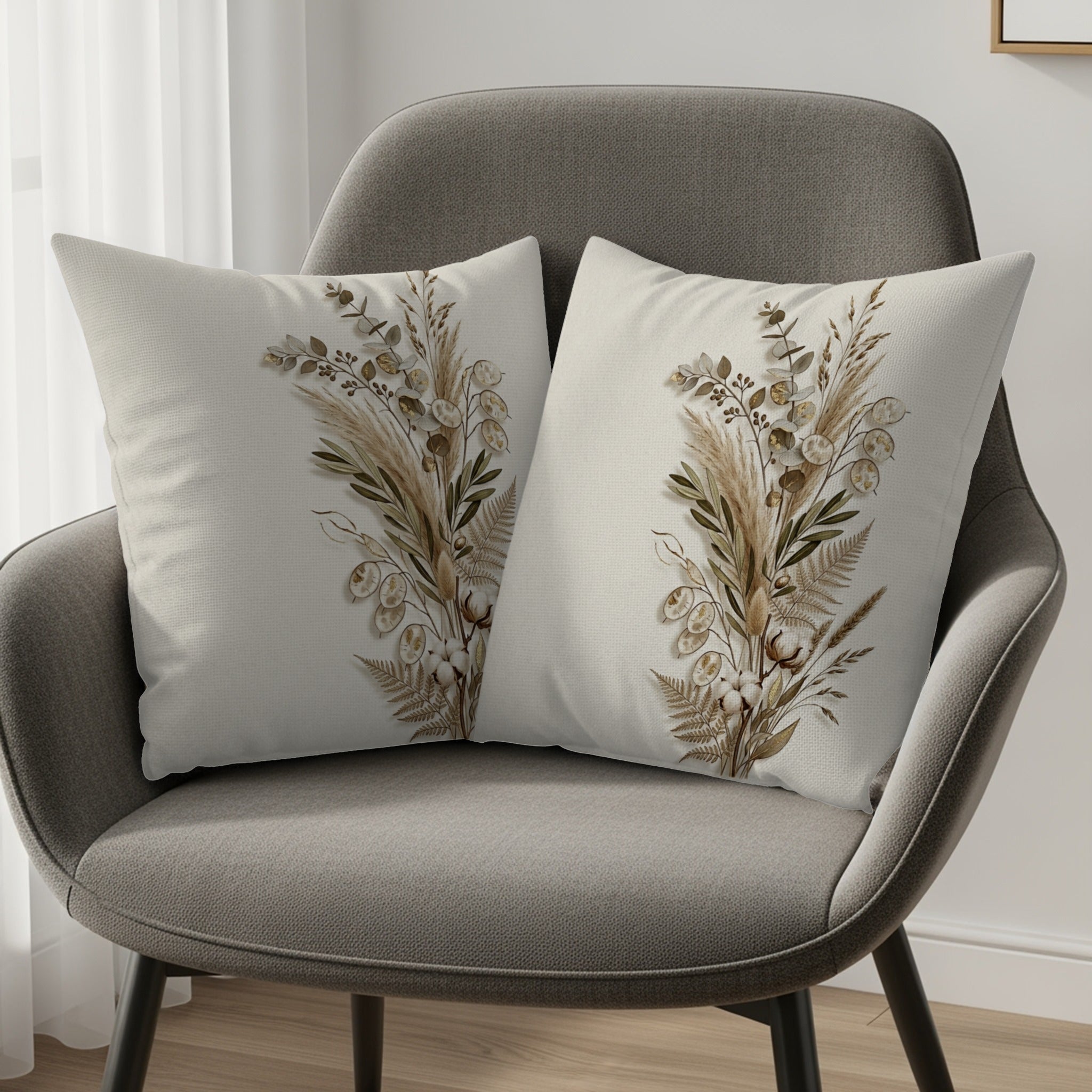 Two cream throw pillows with dried floral and botanical prints on a gray armchair.