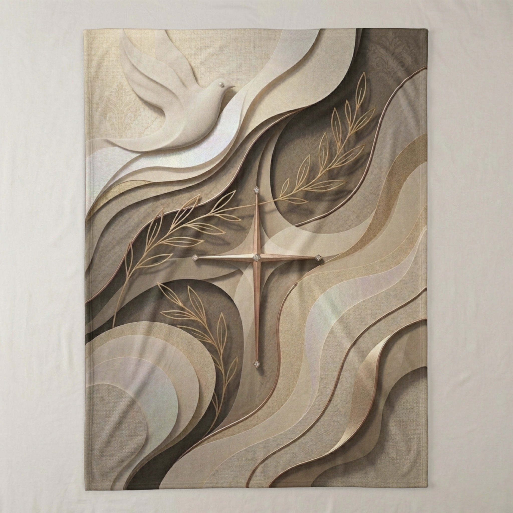 Cross with dove and olive branches in flowing, layered abstract design.