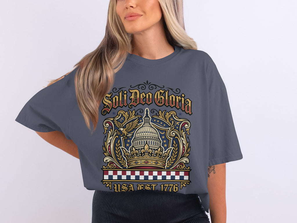 Dark grey t-shirt with "Soli Deo Gloria" and USA crest.