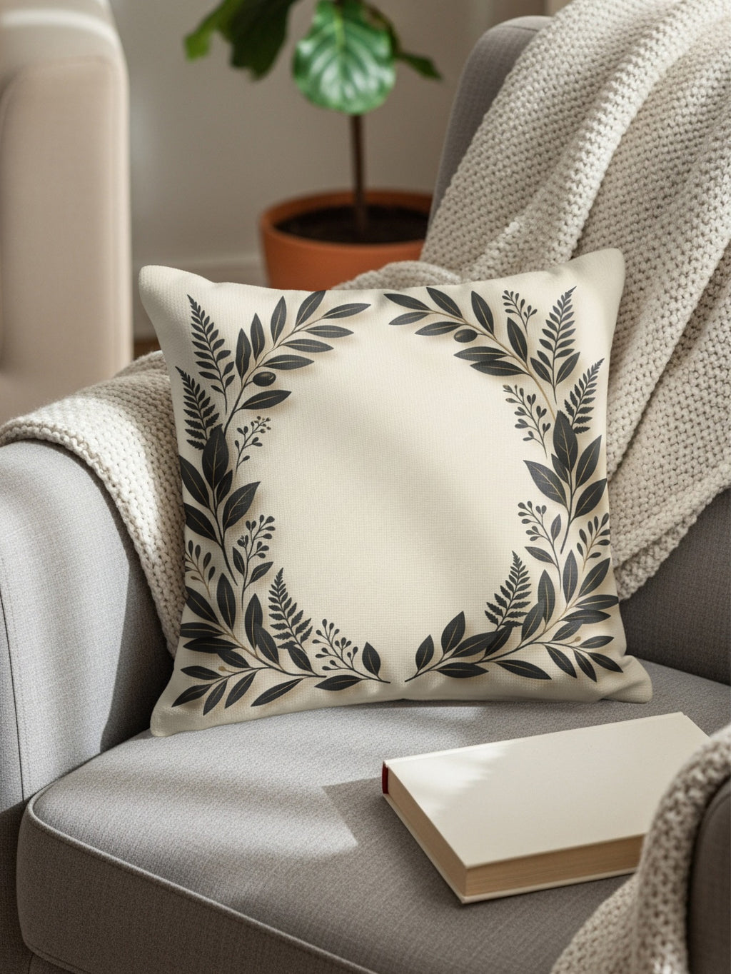 Cream throw pillow with dark botanical wreath design on armchair.