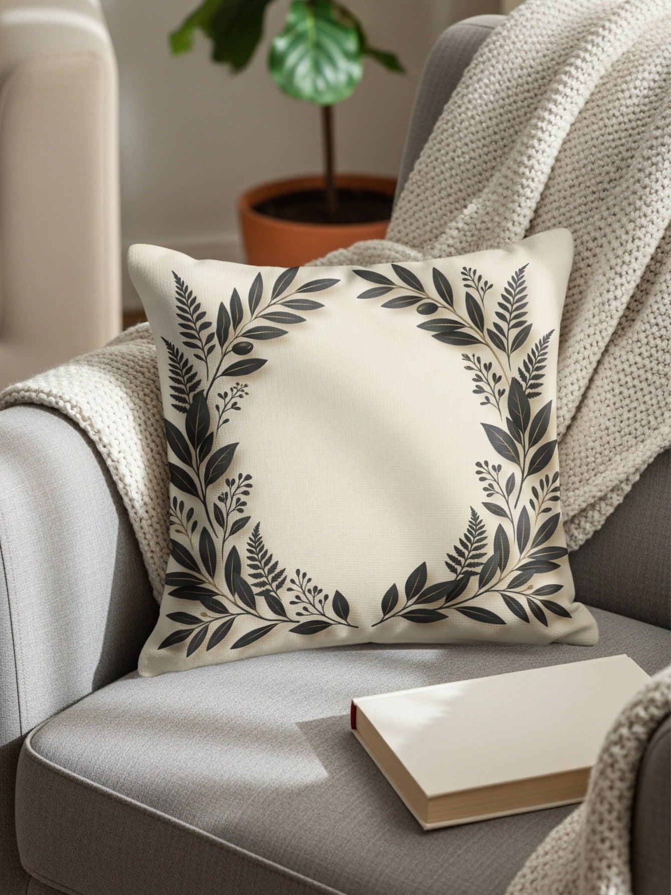 Cream throw pillow with dark botanical wreath design on armchair.
