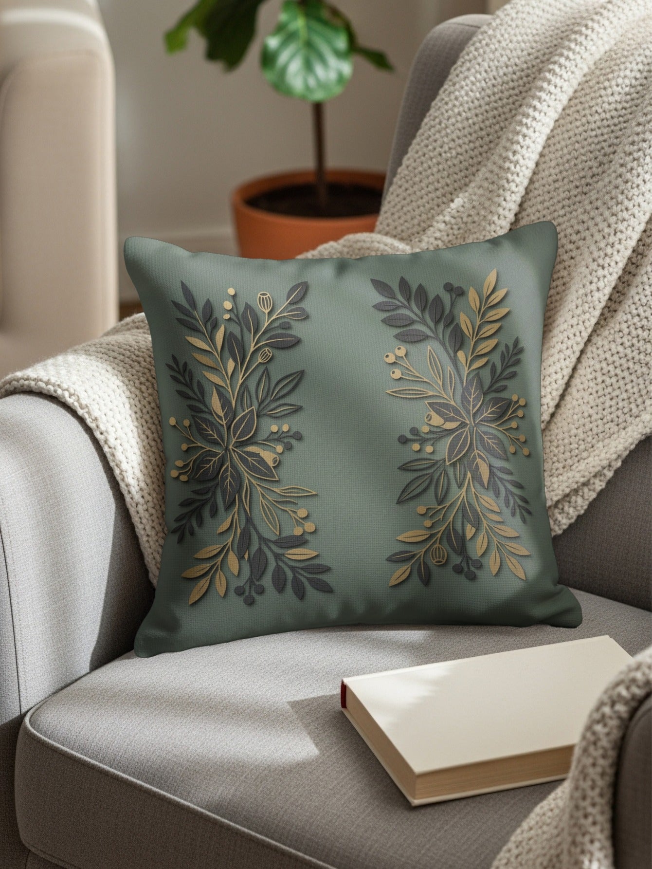Green throw pillow with gold and dark green floral design on armchair.