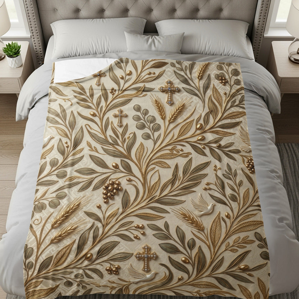 Textured blanket with embossed floral, wheat, and cross motifs.