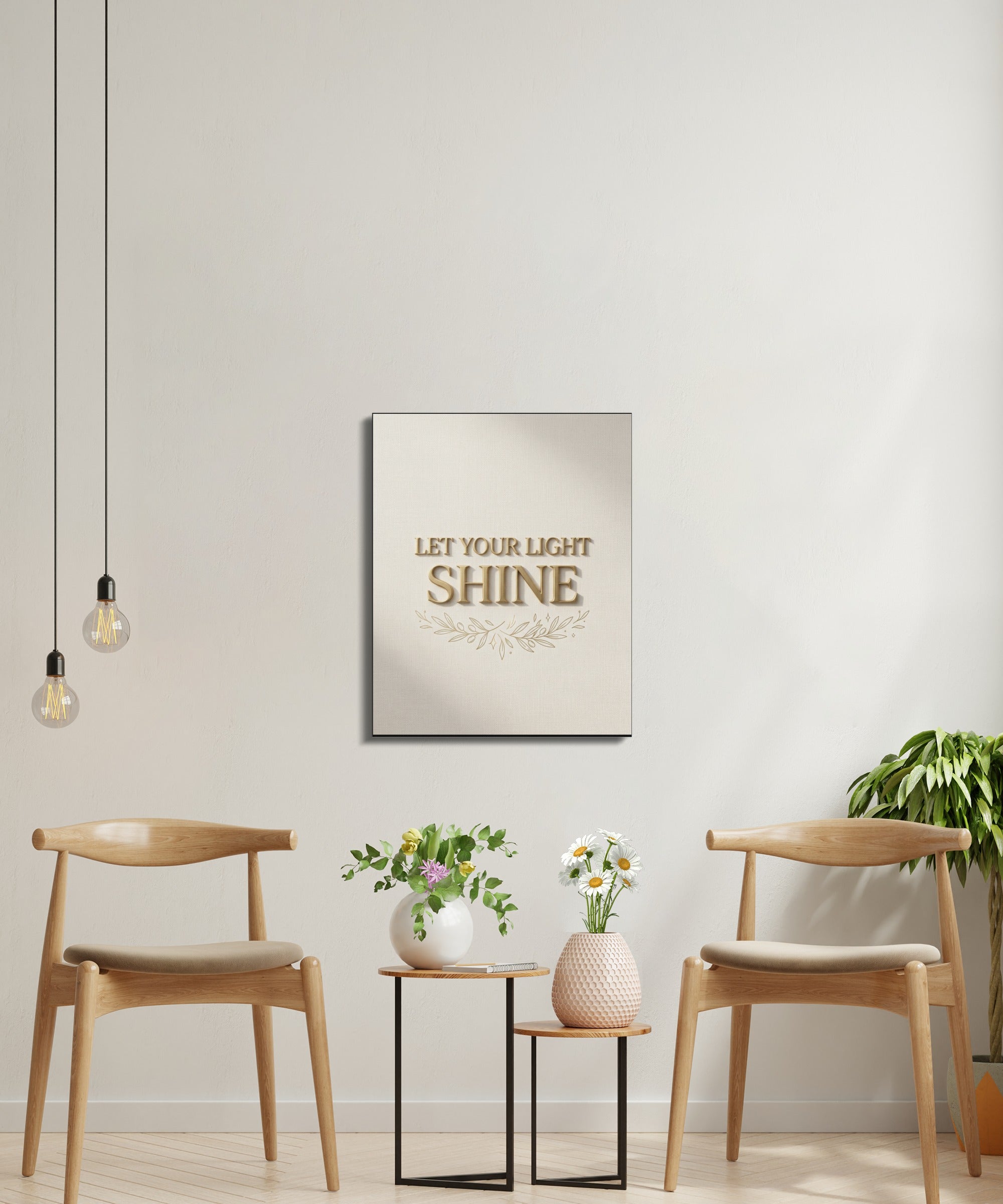 Framed art with "LET YOUR LIGHT SHINE" text and decorative vines.
