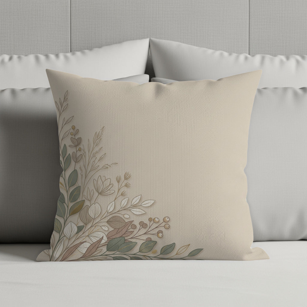 Beige throw pillow with delicate floral design on corner.