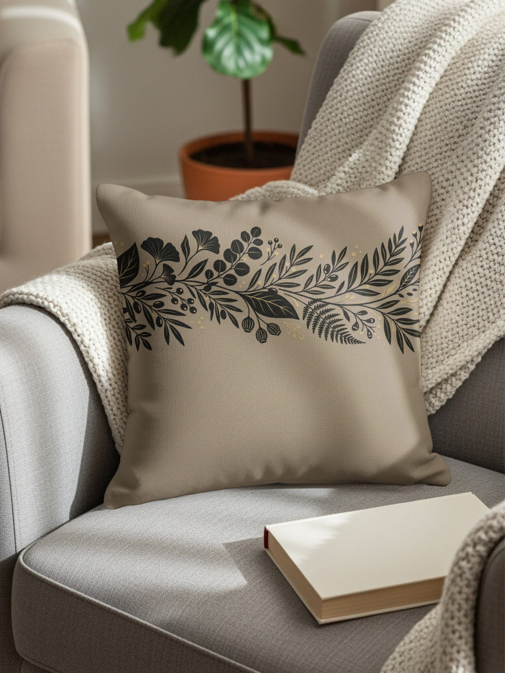 Beige decorative throw pillow with botanical design on armchair.