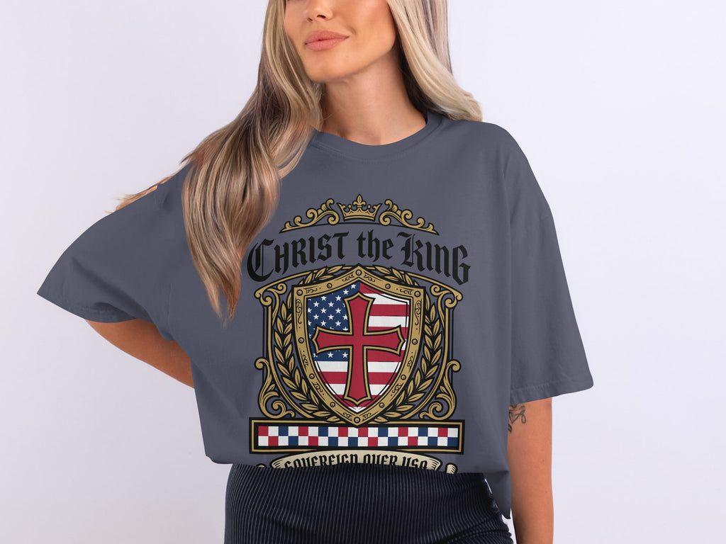 T-shirt with "Christ the King" and a shield with US flag.