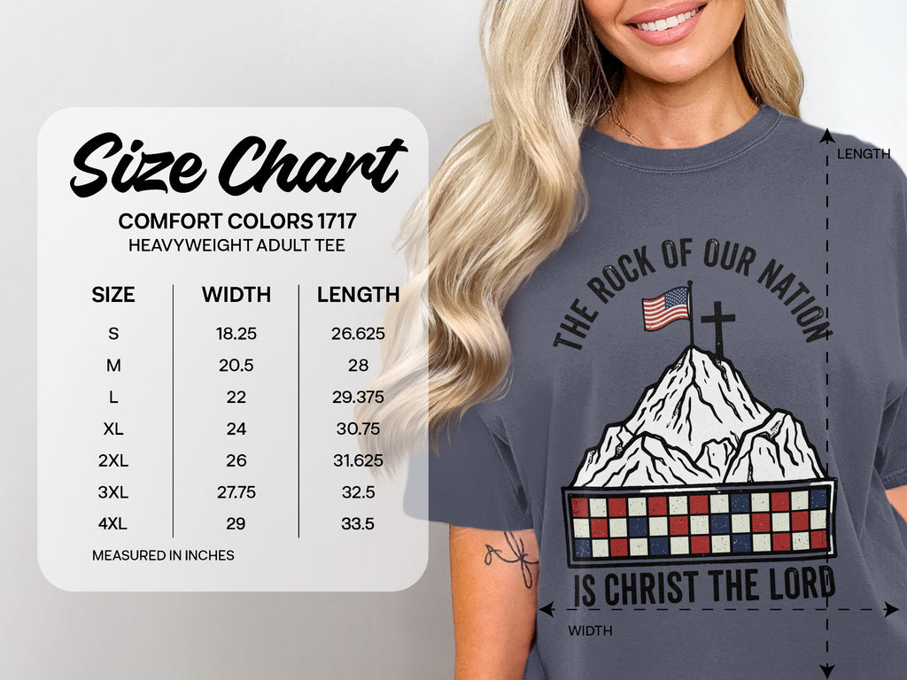 Size chart for Comfort Colors 1717 heavyweight adult tee with graphic.
