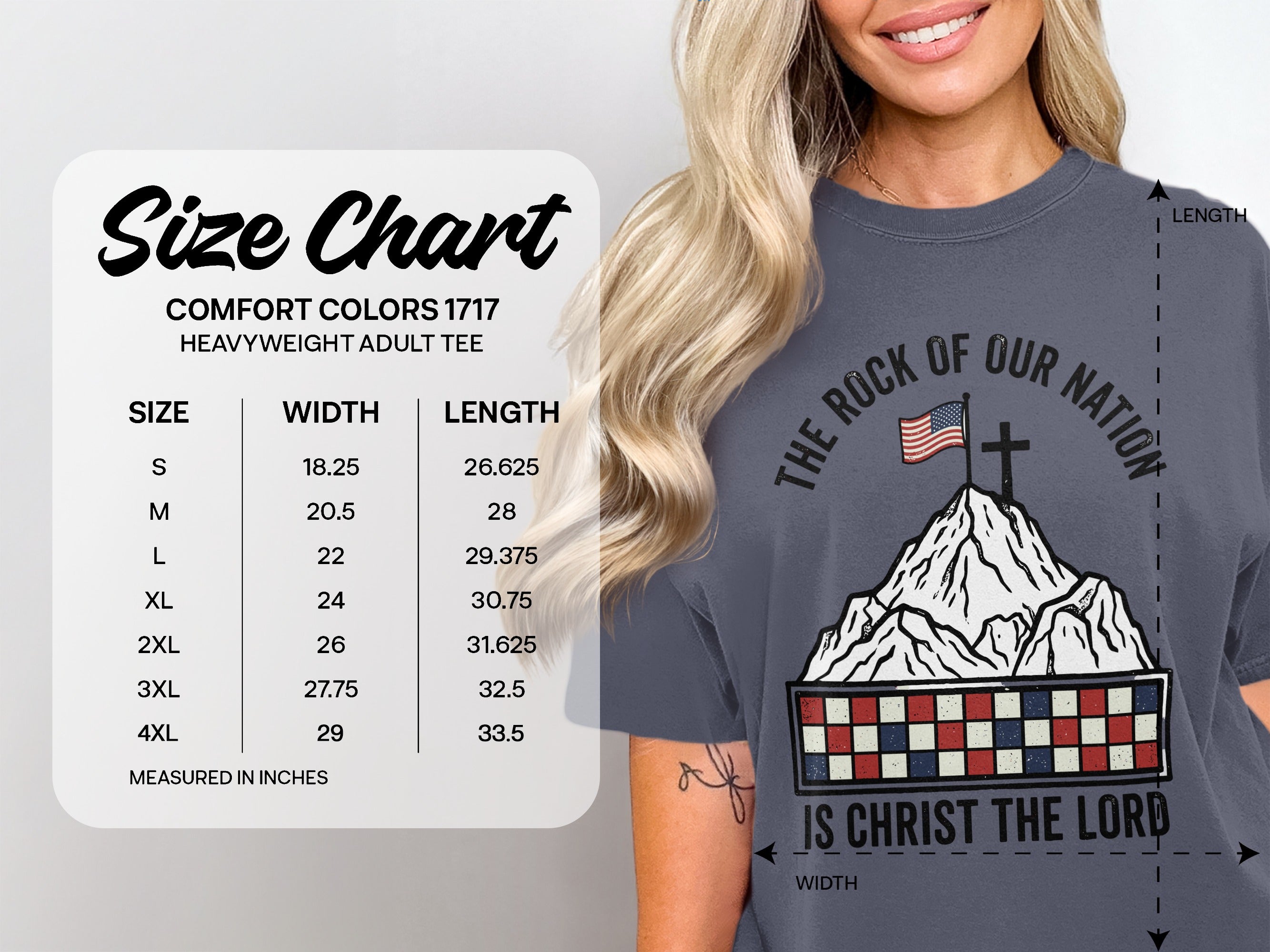 Size chart for Comfort Colors 1717 heavyweight adult tee with graphic.