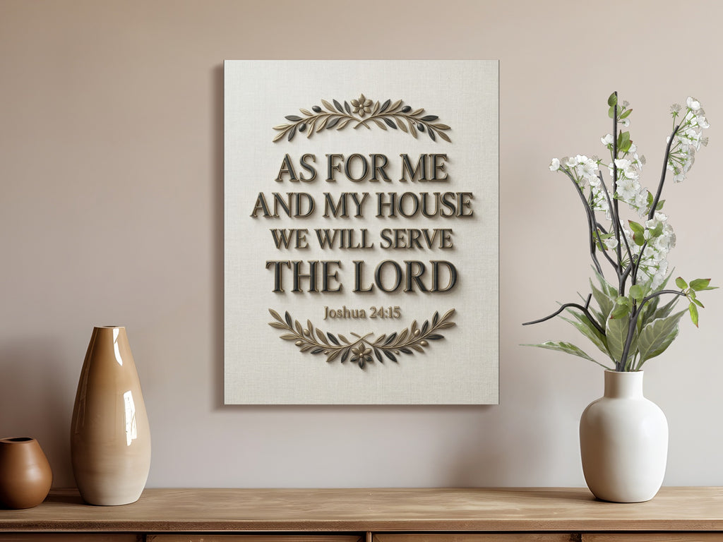 Canvas art with "As for me and my house we will serve the Lord Joshua 24:15".