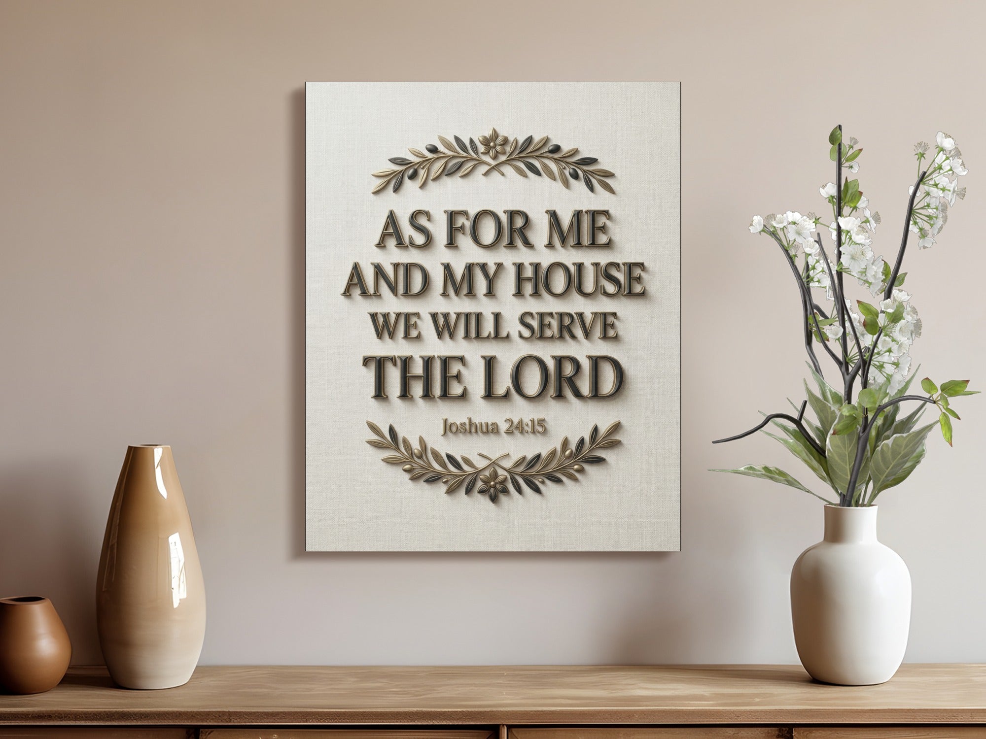 Canvas art with "As for me and my house we will serve the Lord Joshua 24:15".