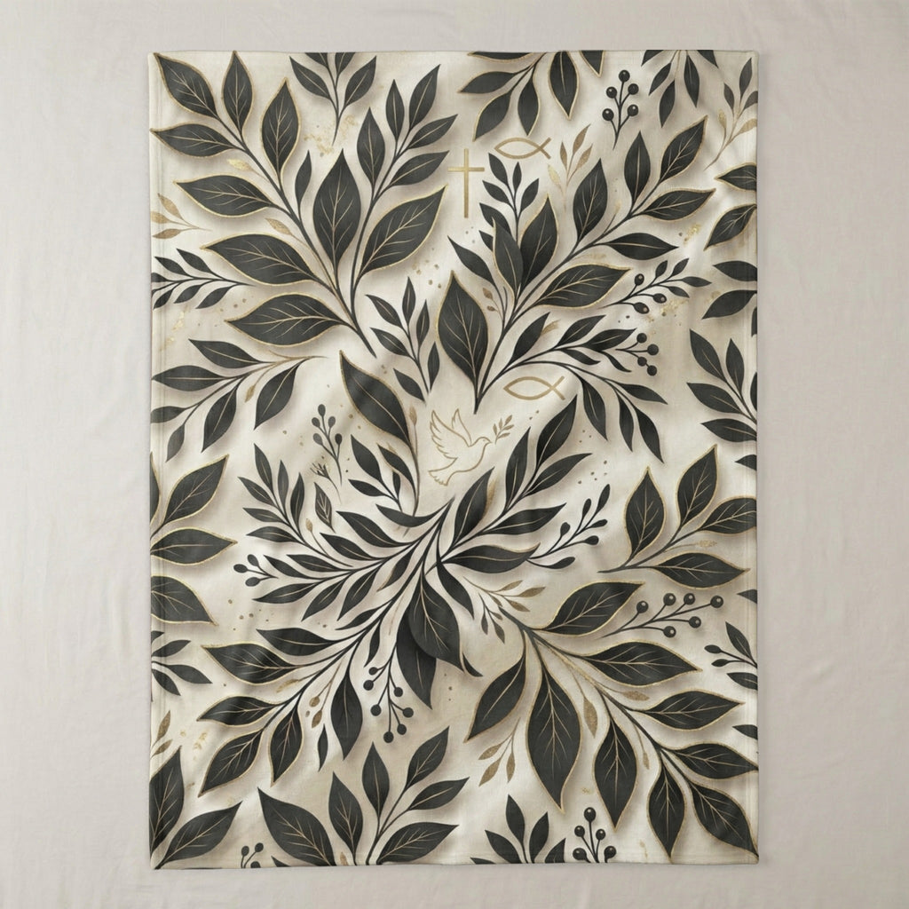 Faux fur throw blanket with black and gold leaf pattern and Christian symbols.