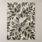 Faux fur throw blanket with black and gold leaf pattern and Christian symbols.