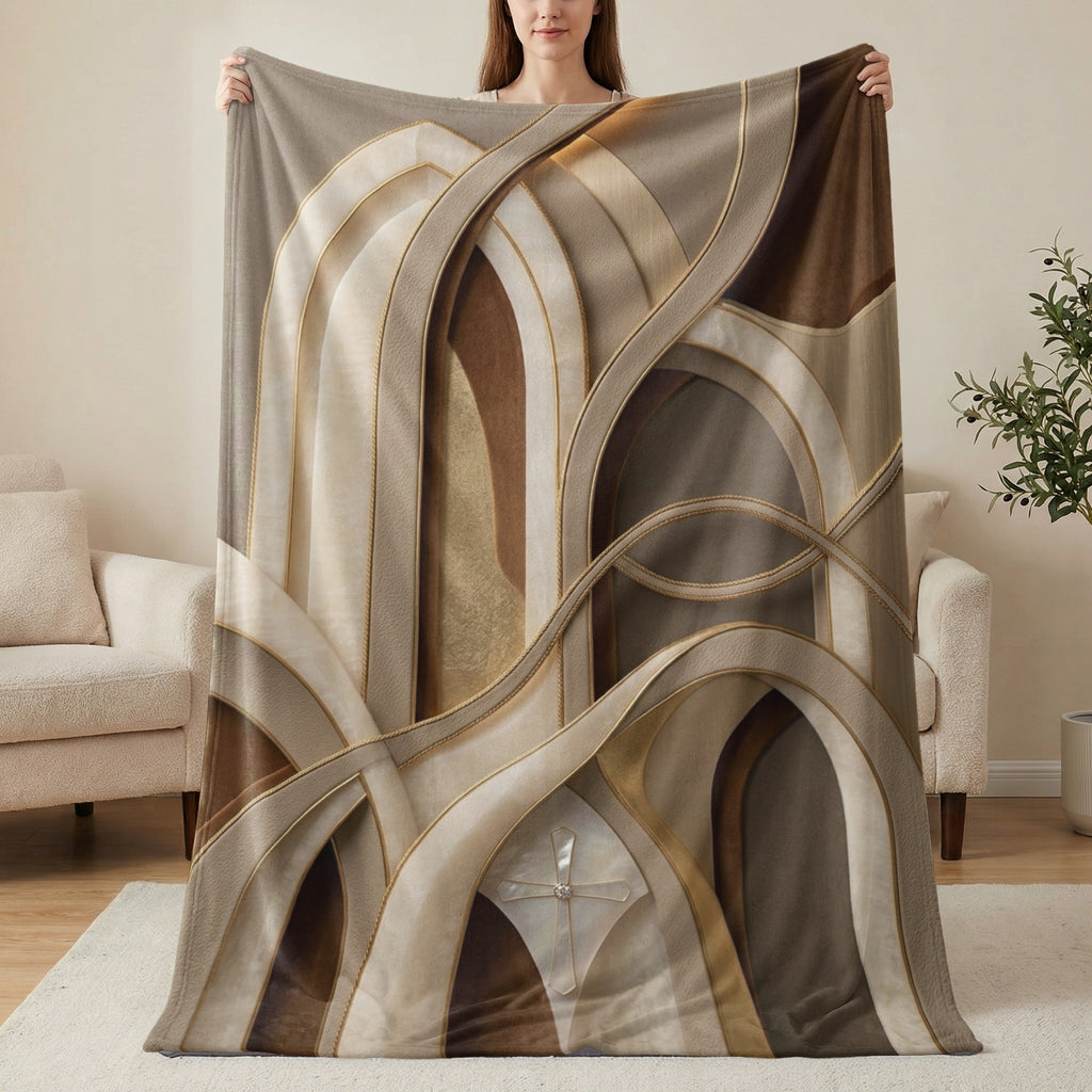 Abstract arched design in brown, beige, and gold with a small cross accent.