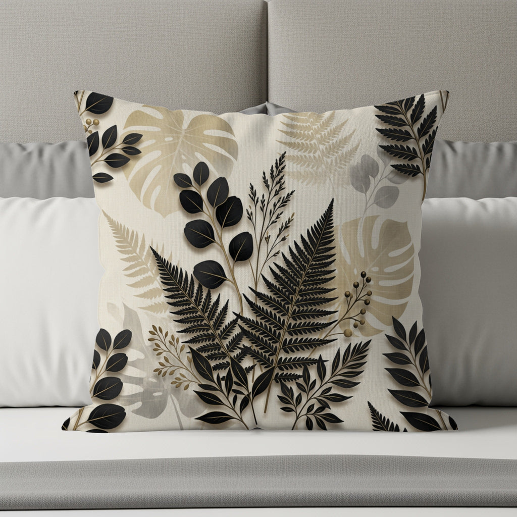 Square pillow with black and gold fern and leaf pattern on a bed.
