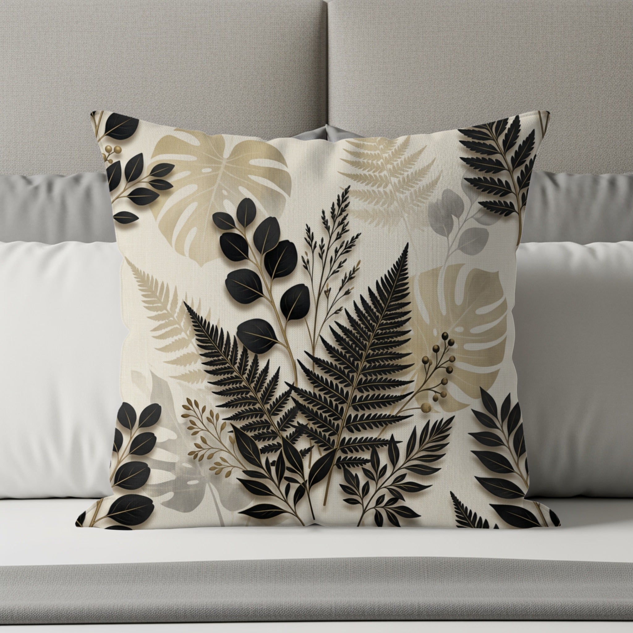 Square pillow with black and gold fern and leaf pattern on a bed.