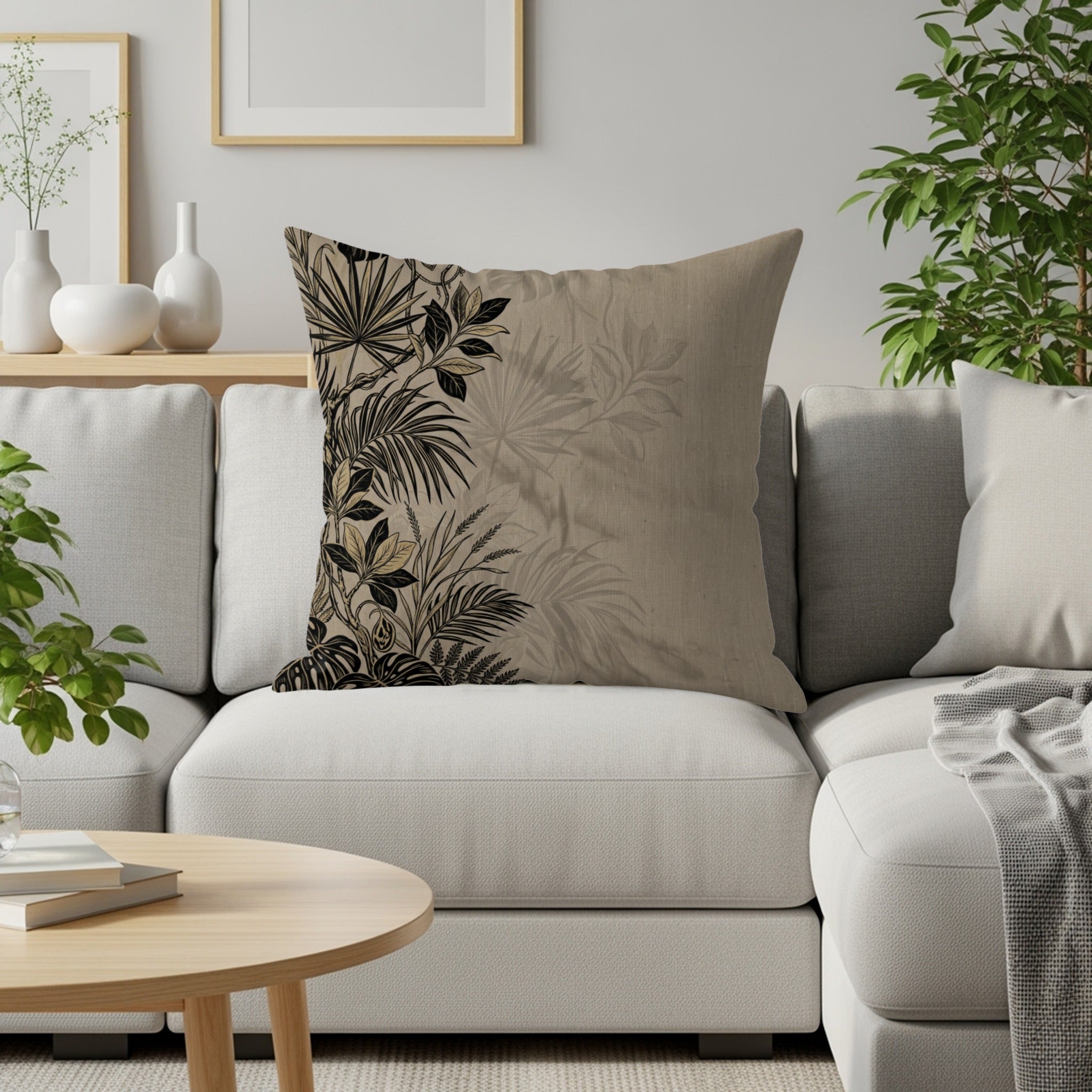 Tan linen cushion with black floral and leaf pattern on a sofa.