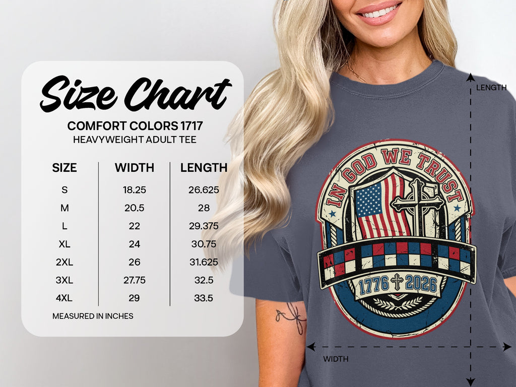 Comfort Colors 1717 size chart for heavyweight adult tee, measured in inches.