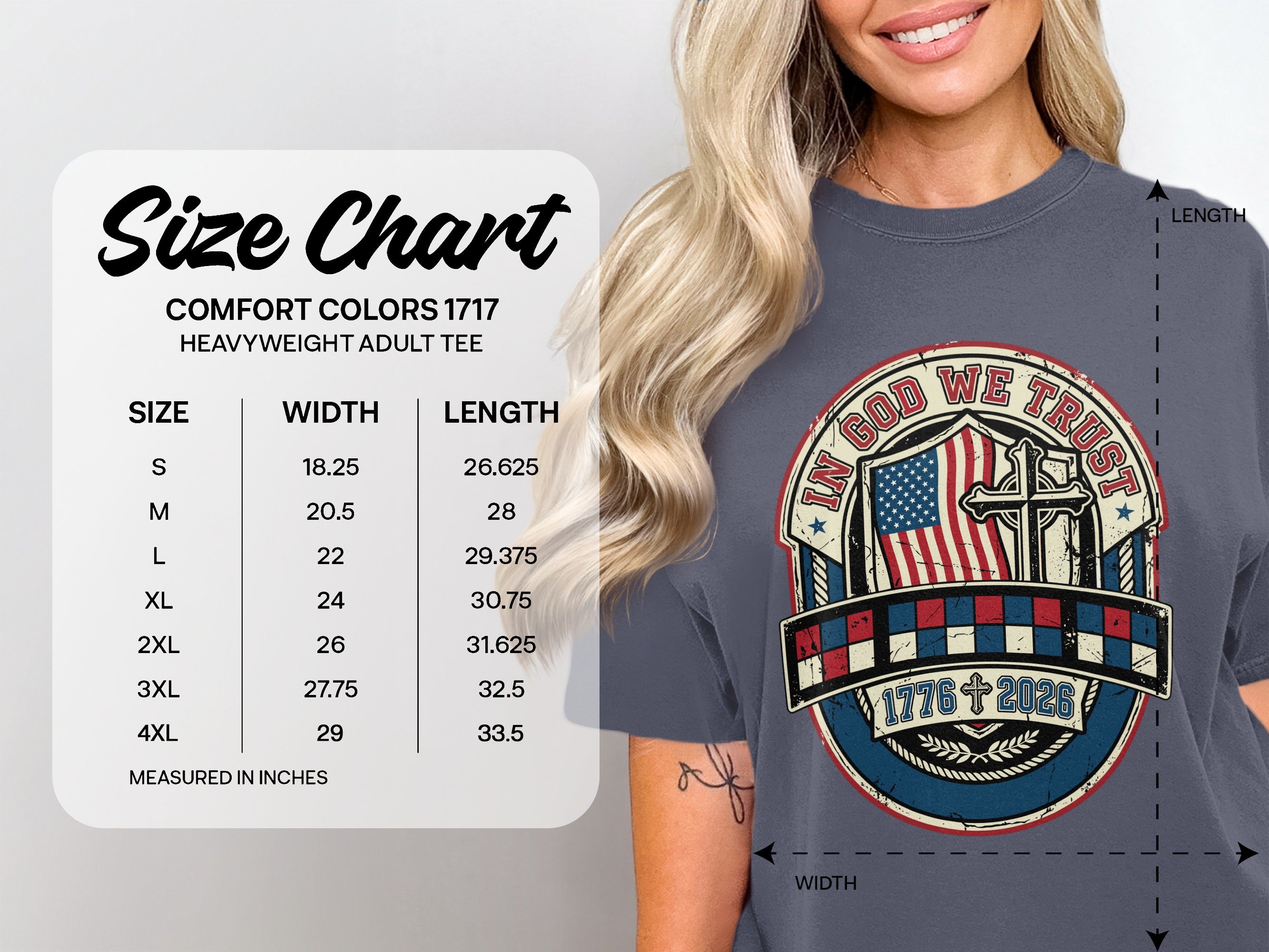Comfort Colors 1717 size chart for heavyweight adult tee, measured in inches.