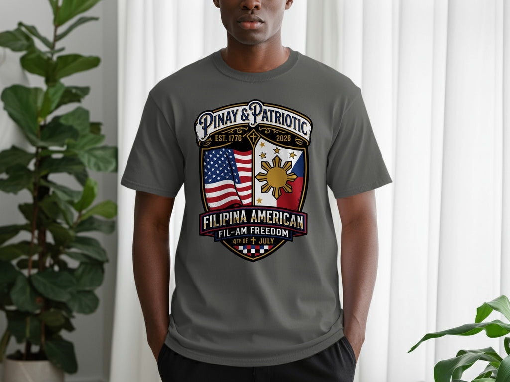 Filipina American patriotic t-shirt with US flag and sun emblem.