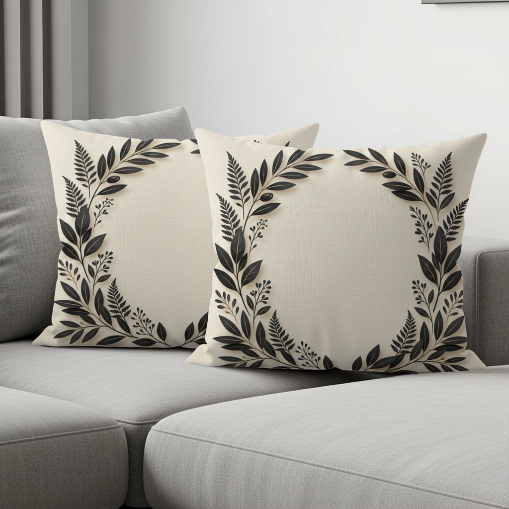 Two cream decorative pillows with black floral wreath pattern on a sofa.