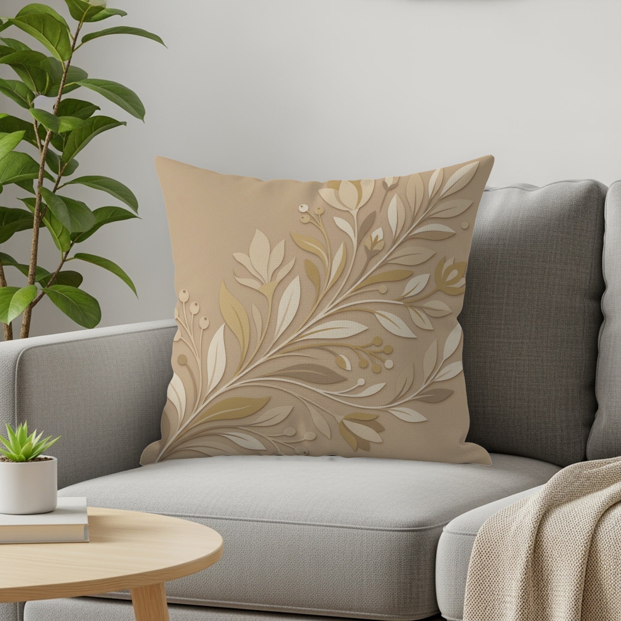 Beige decorative throw pillow with embossed floral design on a sofa.