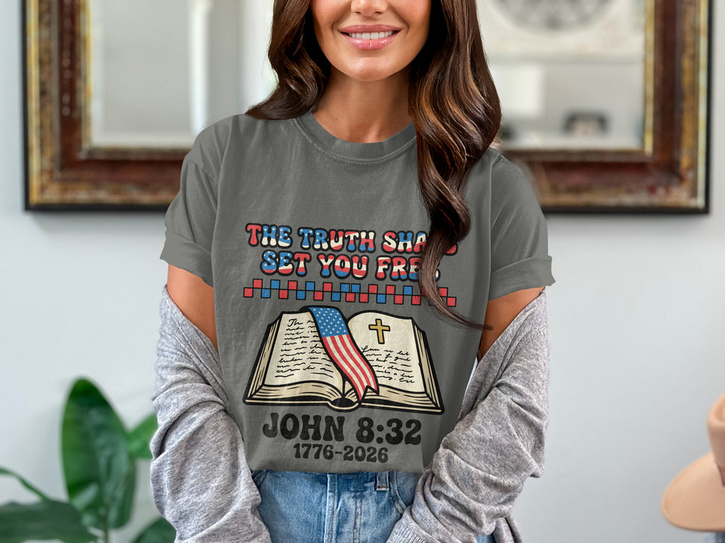 Grey t-shirt with "The Truth Shall Set You Free" and Bible design.