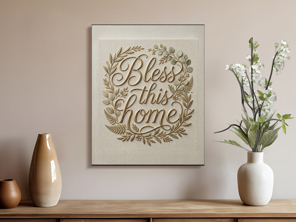 Text art featuring "Bless this Home" in cursive, surrounded by a wreath of leaves.